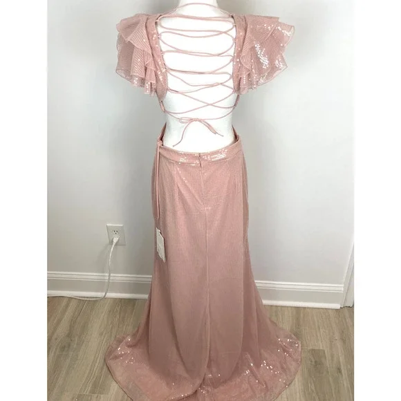 Mac Duggal Sequined Ruffled Cut Out Lace Up Gown In Rose Pink 10829 Size 8 New - Picture 9 of 16